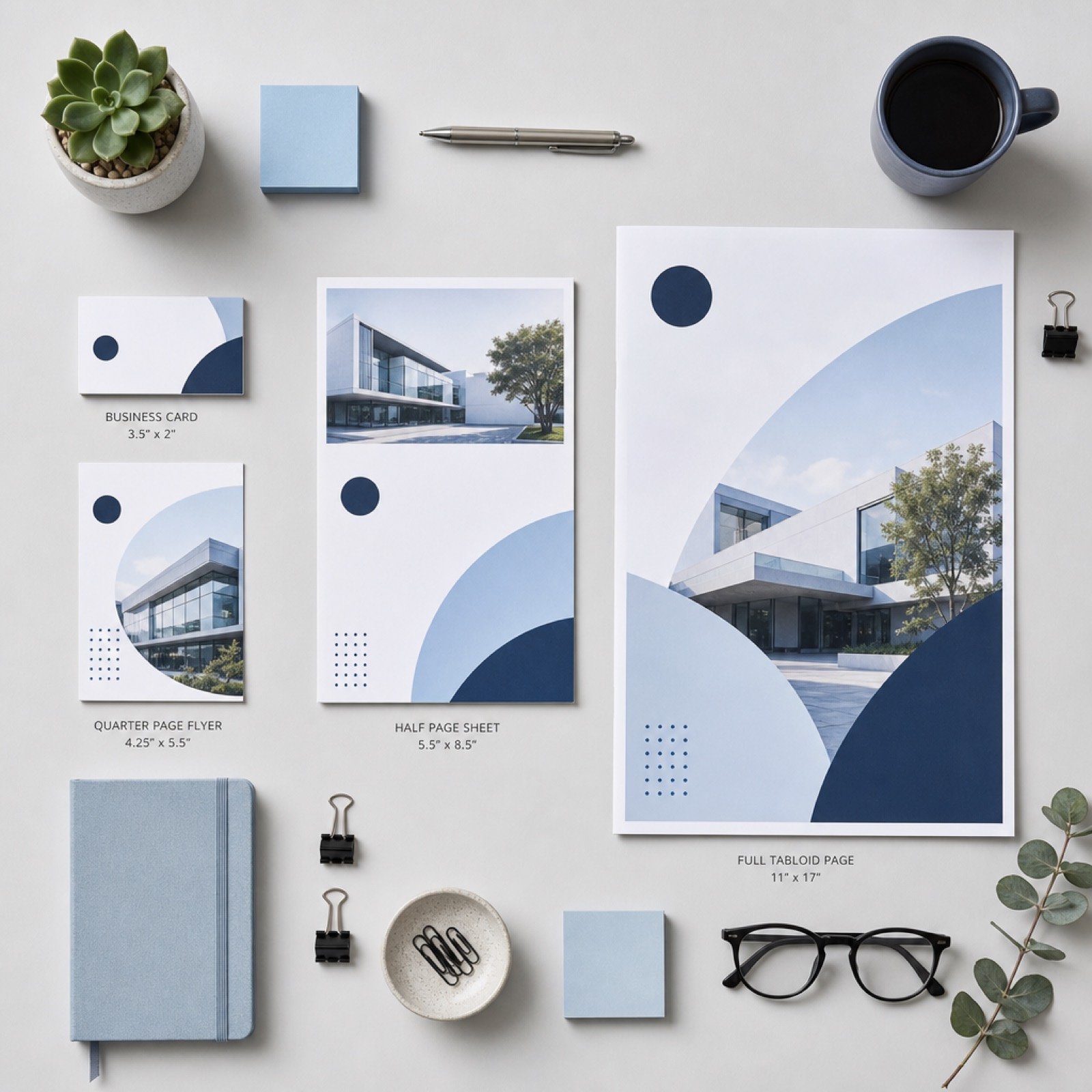 Printed advertisement size samples flat lay